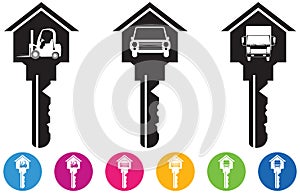 Vector of House and key icons and buttons set in car, truck and