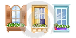 Vector house window frame set isolated on white, glass, wooden shutters, home plants, bloom roses,curtains.