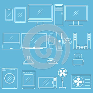Vector household appliances outline icons. Different modern household equipment and digital devices icon for web design.