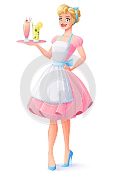 Vector housewife with apron holding tray with milkshake and lemonade.