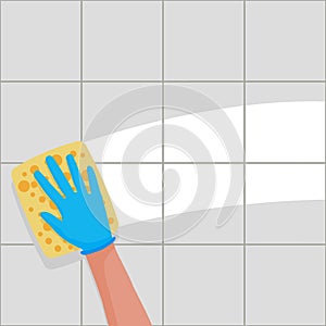 vector houseworker wiping bathroom tiles with yellow sponge