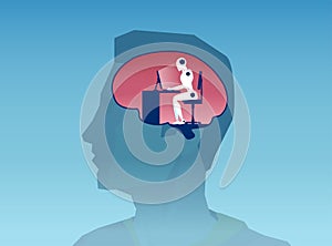 Vector of a human head silhouette with robot working on computer inside