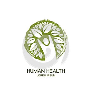 Vector human logo icon design. Man and green tree, watercolor circle emblem. Healthcare, ecology, environment concept.