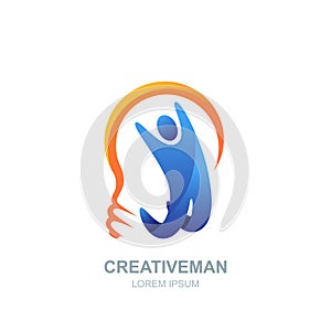 Vector human logo, icon design. Man and light bulb. Concept for business, creativity, innovation, coaching, education.