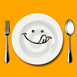 Vector of hungry face draw on white plate