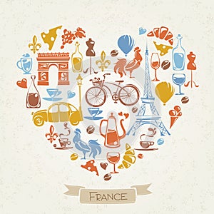 Vector I love France design with symbols of  French culture.