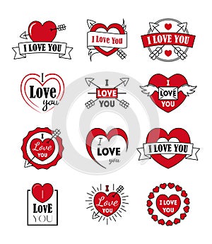 Vector I Love You Labels Badge Set as logotype and icon typography for Valentines Day.