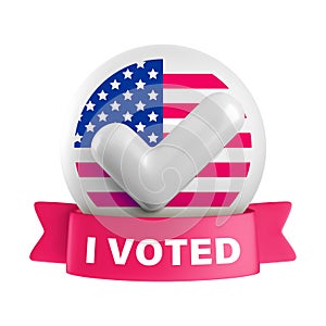 Vector I Voted Badge. Realistic 3d USA election voting round badge with white checkmark tick on circle, American flag