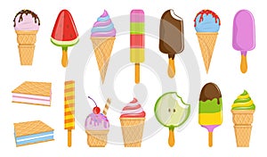 Vector ice cream collection. Cartoon ice cream. Colorful fruit ice cream. Ice lolly.