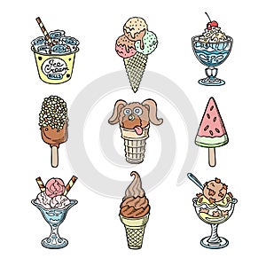 Vector ice cream dessert sweet food sketch handdrawn illustration set