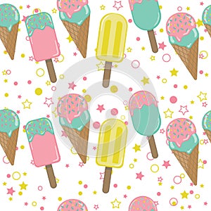 Vector Ice cream repeat seamless pattern with circles and stars. Pastel colors