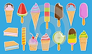 Vector ice cream sticker collection. Cartoon ice cream. Colorful fruit ice cream. Ice lolly.