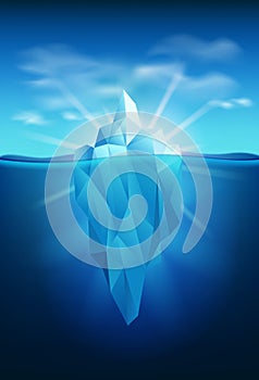 Vector iceberg in the water, sun and clouds in north