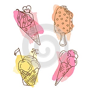 Vector icecream doodle illustration. Set of 4 hand drawn icecreams with colorful splashes.