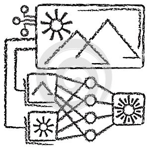 Vector icon of AI Convolutional Neural Networks CNN. Dark brown charcoal sketch