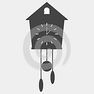 Vector icon of black clock with cuckoo on white background. Ho