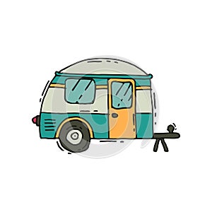Vector icon of camping trailer in doodle style. Road trip. Mobile home on wheels. Tourism and journey theme