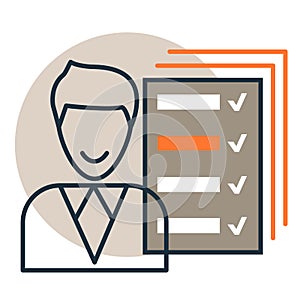 Vector icon of checklist review, survey report with checkboxes and happy person. Flat line design style photo