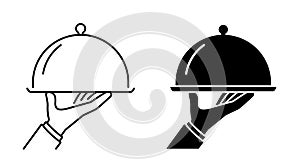 Vector Icon of Closed Food Serving Tray in Waiter\'s Hand, Outline and Glyph Style