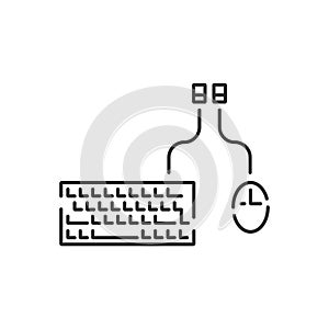 Vector icon of a computer mouse and keyboard with a wire. Editable stroke