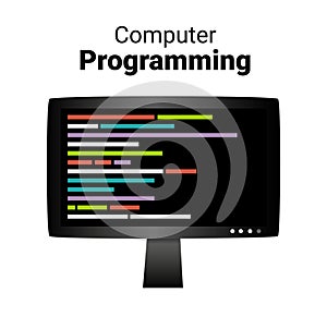 Vector icon of computer programming concept. Illustration of LCD monitor with code on the screen. Programming and coding.