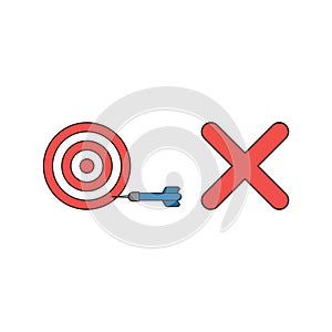 Vector icon concept of bulls eye with dart in the side with x mark symbolizes unsuccess. Black outlines and colored photo