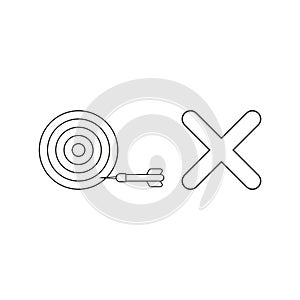 Vector icon concept of bulls eye with dart in the side with x mark symbolizes unsuccess. Black outline photo
