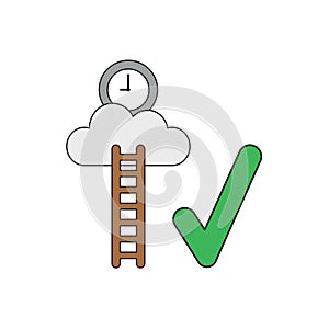 Vector icon concept of clock time on cloud with wooden ladder and check mark