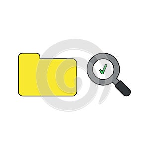 Vector icon concept of closed folder and magnifying glass with check mark. Black outlines and colored