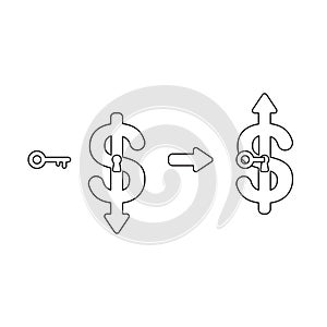 Vector icon concept of dollar arrow down with keyhole and key unlock and up