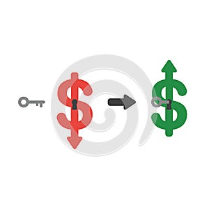 Vector icon concept of dollar arrow moving down with keyhole and