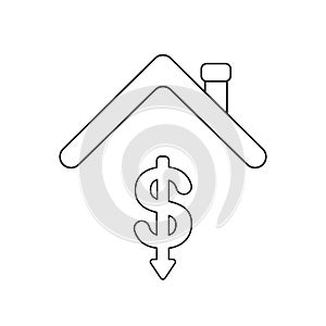 Vector icon concept of dollar symbol arrow down under house roof