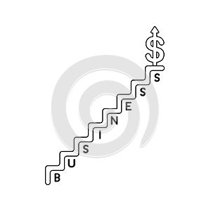 Vector icon concept of dollar symbol with arrow moving down at top of business word stairs. Black outline