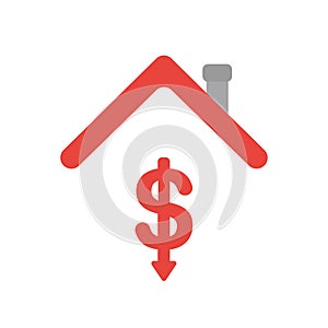 Vector icon concept of dollar symbol arrow moving down under house roof