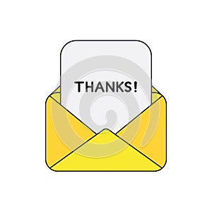 Vector icon concept of envelope with paper and thanks word