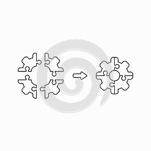 Vector icon concept of gear shaped puzzle pieces connecting
