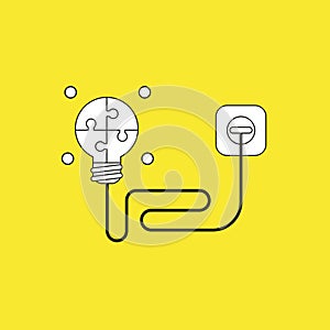 Vector icon concept of glowing four part connected puzzle light bulb with black cable plugged into outlet