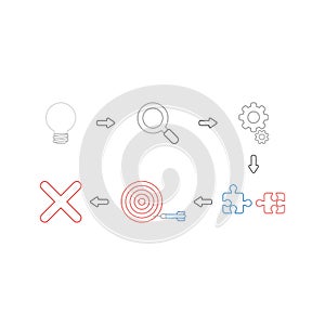 Vector icon concept of grey light bulb bad idea, magnifying glass, gears, incompatible jigsaw puzzle pieces, bulls eye and dart in