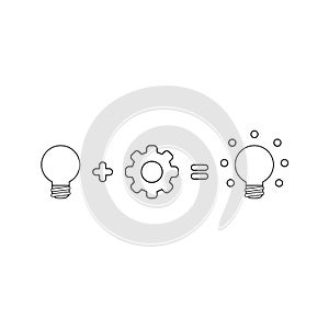 Vector icon concept of grey light bulb idea plus gear equals glowing light bulb idea. Black outline