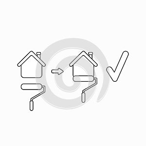 Vector icon concept of painting house with paint brush roller from blue to yellow color and check mark