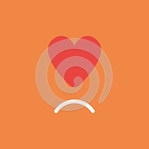 Vector icon concept of red heart with sulking mouth on orange ba