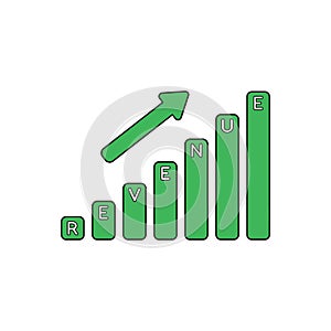 Vector icon concept of revenue sales bar graph up. Black outlines and colored