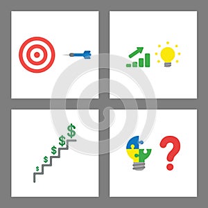 Icon concept set. Bulls eye and dart, slaes chart up with light bulb idea, dollars growing on stairs and light bulb puzzle with photo