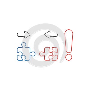 Vector icon concept of two pieces of jigsaw puzzle pieces that are incompatible with each other and red exclamation mark