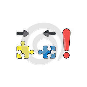 Vector icon concept of two pieces of jigsaw puzzle pieces that are incompatible with each other and red exclamation mark. Black