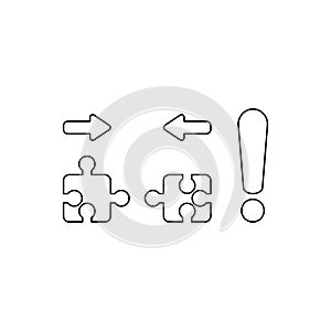 Vector icon concept of two pieces of jigsaw puzzle pieces that are incompatible with each other and red exclamation mark. Black