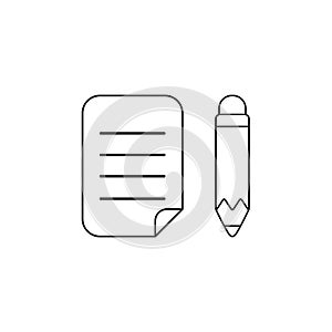 Vector icon concept of written paper with pencil. Black outline