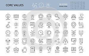 Vector icon core values. Set 50 icons with editable stroke. Values of business company and person. The logic of imagination