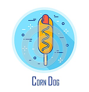 Vector icon with corn dog in a coloured circle. Vector banner for fast food. Thin line flat design photo