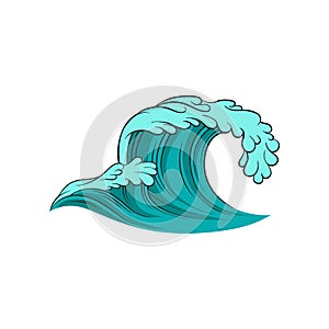 Vector icon of curling sea wave. Blue ocean water. Line art colorful illustration. Aqua theme